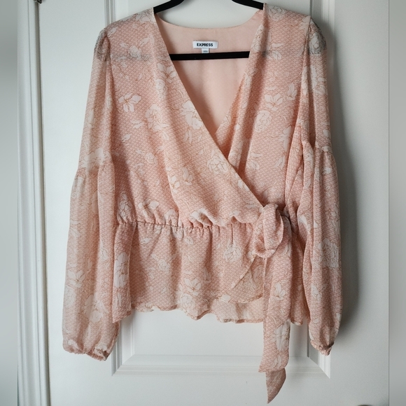 Express Tops - Express Peplum Floral Wrap Front Tie Chiffon Long Sleeve Coral Blouse Size Large